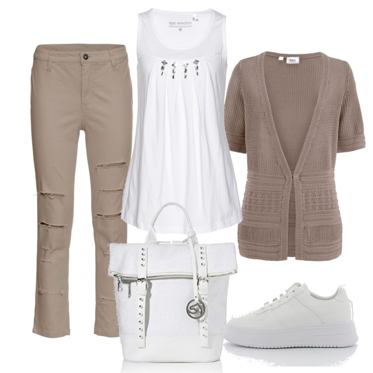 Outfit donna - Bianco e tortora. Stile Urban per Ufficio. Abbinamento con cardigans, top, pantaloni capri, sneakers, zaini.