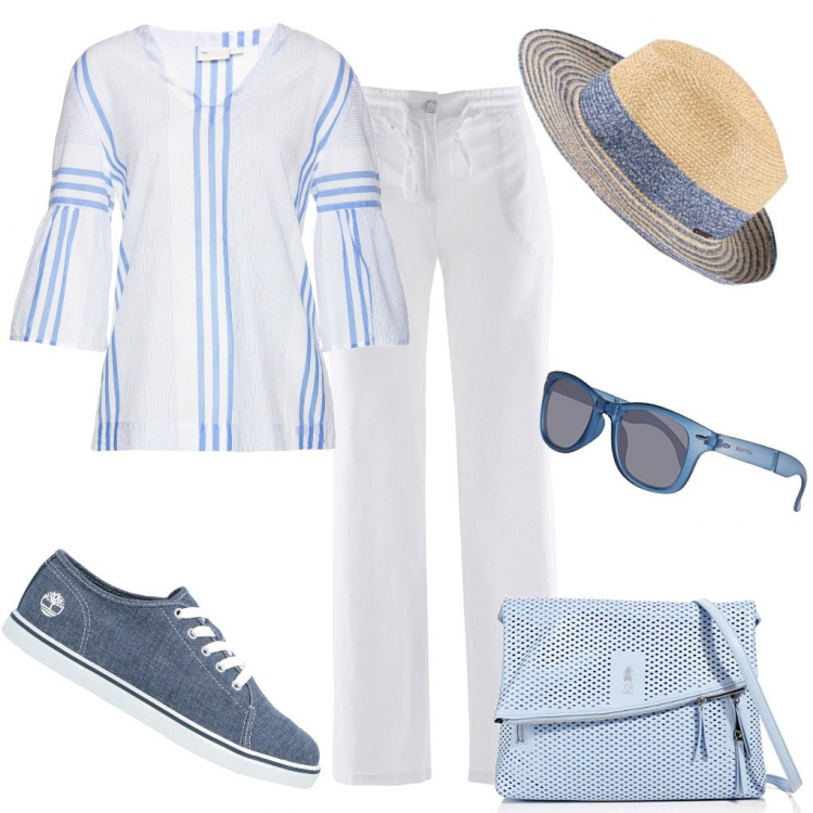 Outfit donna - A passeggio nel parco. Stile Basic per Tutti i giorni. Abbinamento con pantaloni a palazzo, tuniche, sneakers, borse a tracolla, occhiali da sole, cappelli.