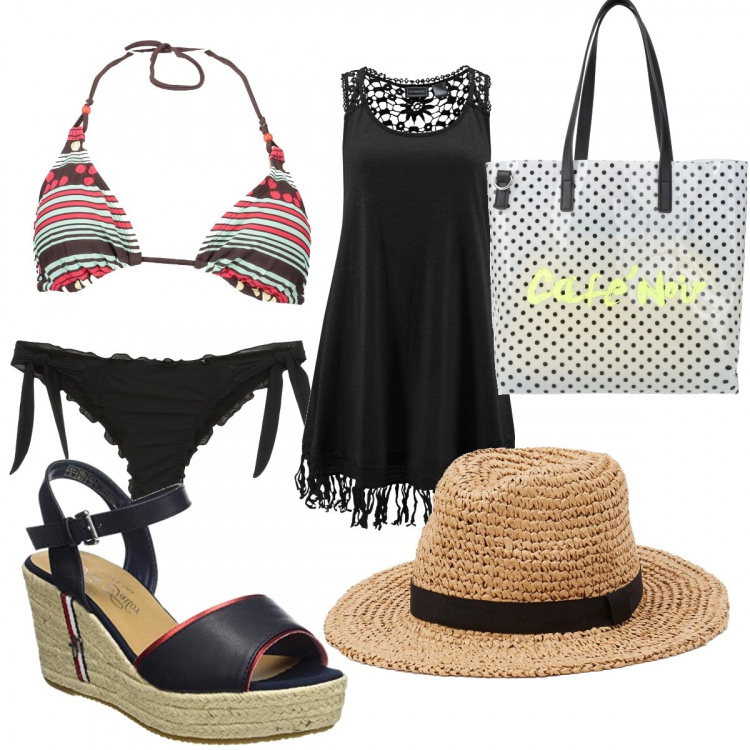 Outfit donna - Basic #19206. Stile Basic per Mare. Abbinamento con vestiti da spiaggia, borse a mano, cappelli, bikini, sandali in pelle, costumi.