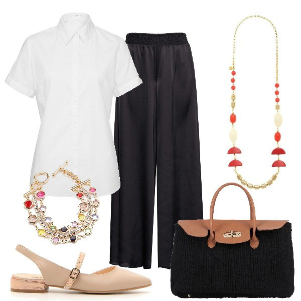 Outfit donna - Ufficio Linea Curvy. Stile Basic per Ufficio. Abbinamento con camicie a manica corta, pantaloni a palazzo, borse a mano, collane, braccialetti, ballerine.
