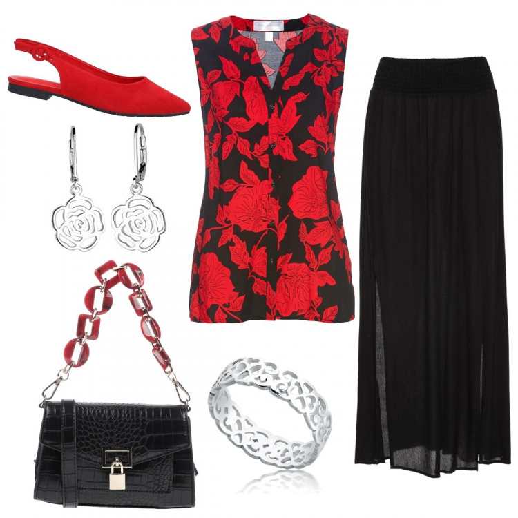Outfit donna - Rosso e nero per curvy. Stile Bon Ton per Ufficio. Abbinamento con gonne lunghe, camicie, ballerine, borse a tracolla, anelli, orecchini.