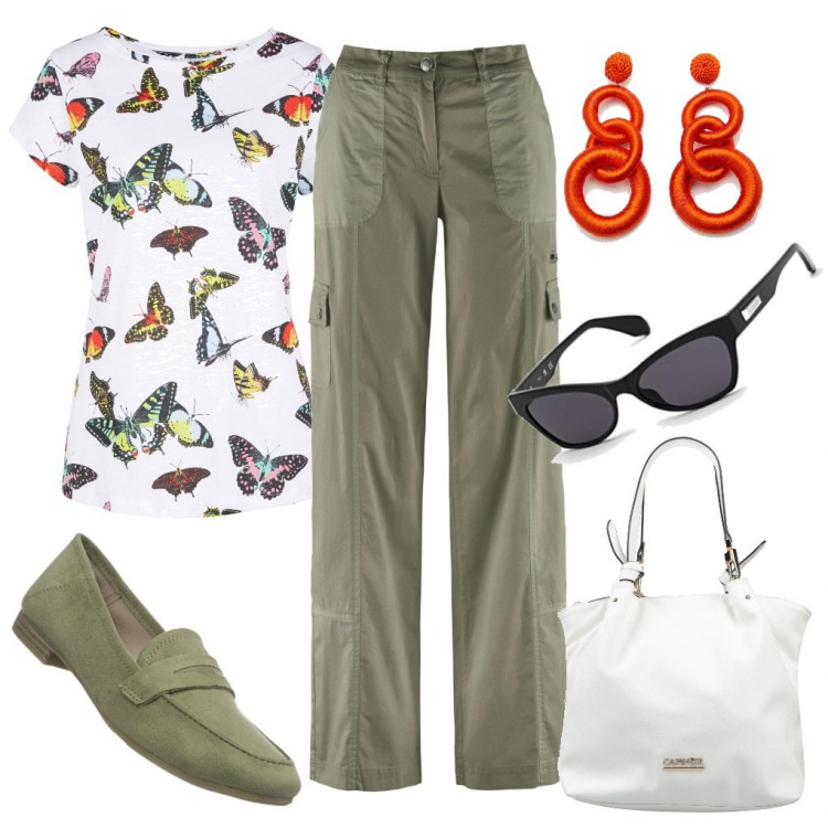 Outfit donna - Il comodo mocassino. Stile Basic per Tutti i giorni. Abbinamento con pantaloni cargo, t-shirt, borse a mano, orecchini, mocassini, occhiali da sole.