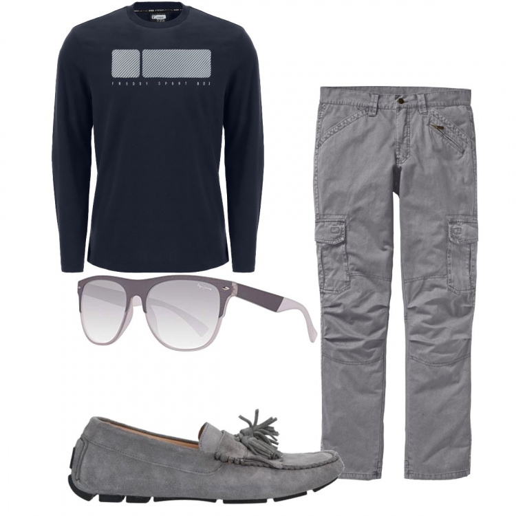 Outfit uomo - Blu notte e grigio. Stile Casual per Tutti i giorni. Abbinamento con pantaloni cargo, scarpe stringate, t-shirt, occhiali da sole.