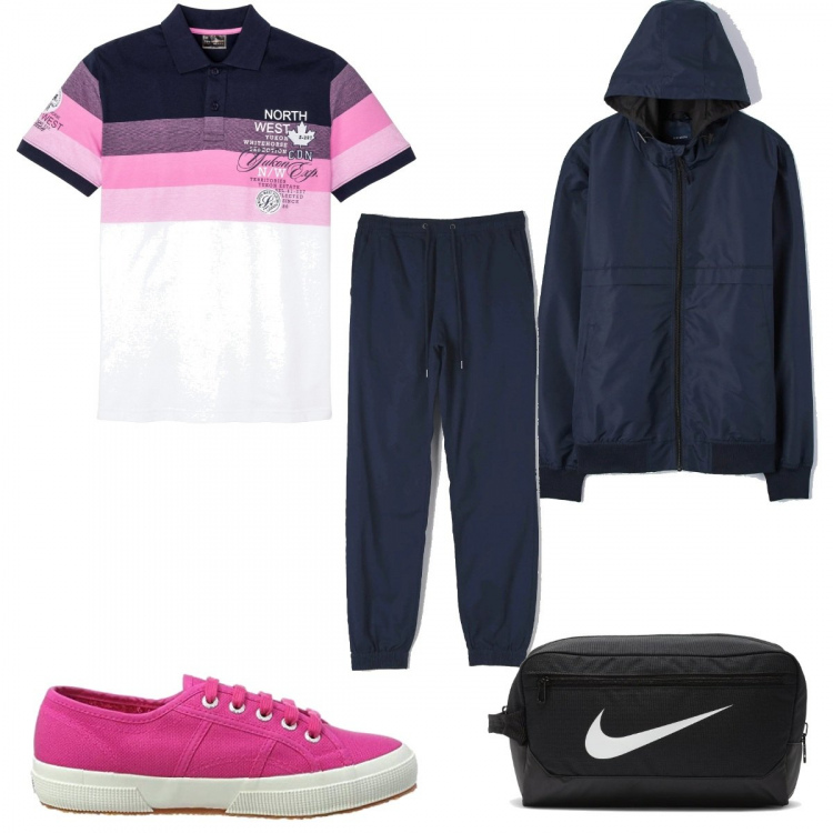 Outfit uomo - Ecco le sneakers rosa. Stile Trendy per Sport. Abbinamento con polo, pantaloni, bomber, borse sportive, sneakers.