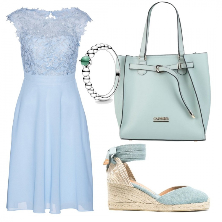 Outfit donna - Trendy #30045. Stile Trendy per Cerimonia. Abbinamento con décolleté, borse a mano, vestiti, anelli.