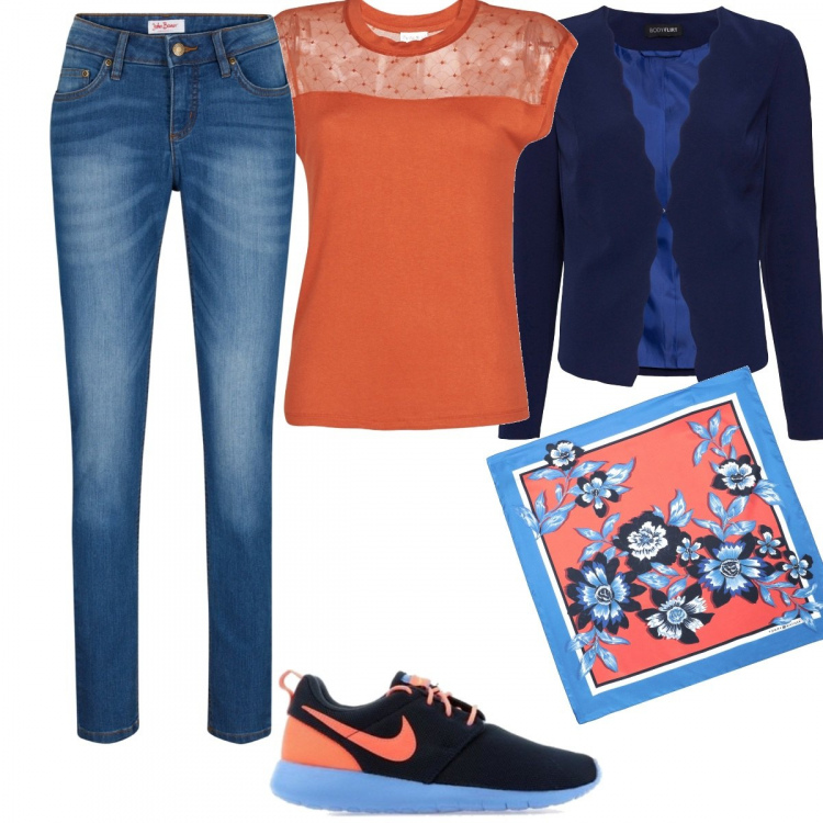 Outfit donna - Monday. Stile Basic per Ufficio. look ideale per Tall. Abbinamento con jeans skinny, blazer, foulard, t-shirt, sneakers.