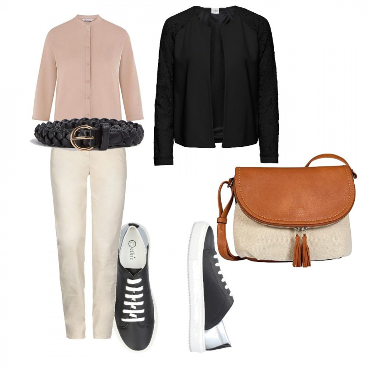Outfit donna - Basic, totalmente comoda. Stile Basic per Tutti i giorni. Abbinamento con blazer, pantaloni, sneakers alte, cinture, camicie, borse a tracolla.