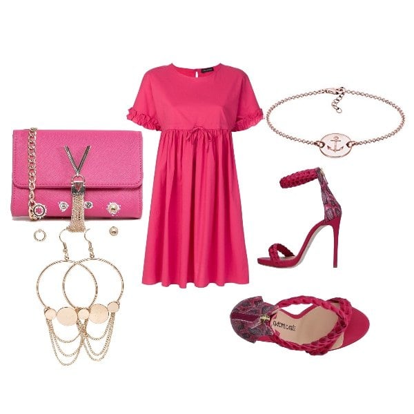 Outfit donna - Diciottesimo. Stile Chic per Cerimonia. Abbinamento con stiletti multicolore, vestito forma svasata rosa e viola, orecchini, borsa a tracolla con cinturino e nappine rosa, bracciale forma intrecciata argento.