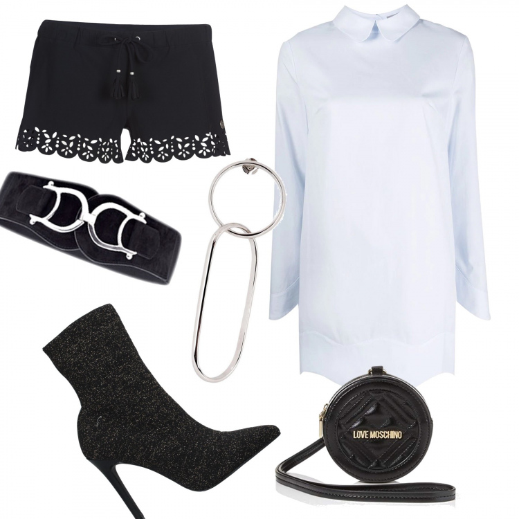 Outfit donna - Look giovane. Stile Trendy per Serata fuori. look ideale per Petite. Abbinamento con cinture, stivaletti, orecchini, shorts, camicie, pochette.