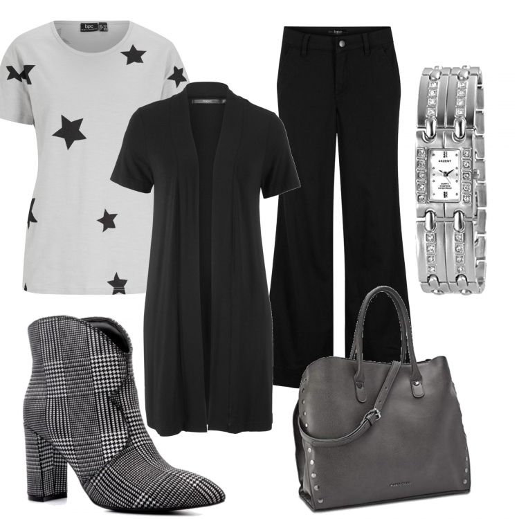 Outfit donna - Riunione. Stile Basic per Ufficio. Abbinamento con cardigans, pantaloni a palazzo, t-shirt, stivaletti, orologi, borse a mano.