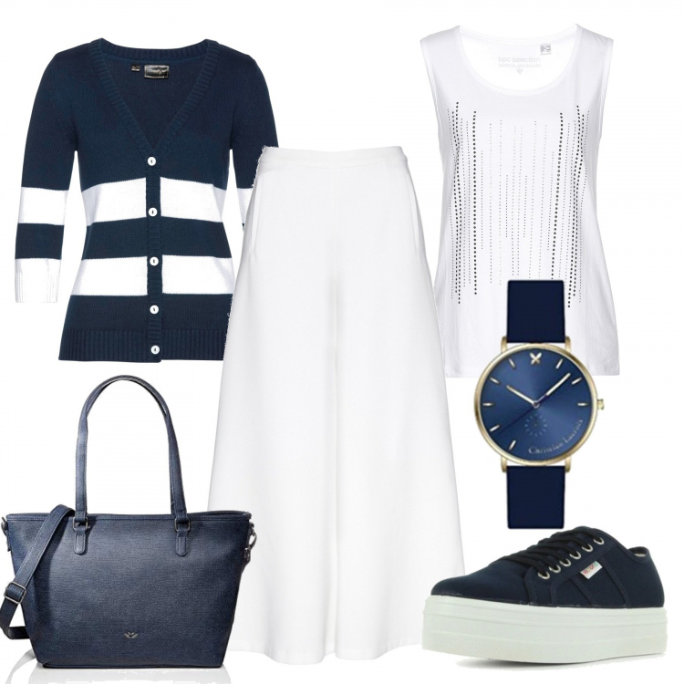 Outfit donna - Romantica passeggiata. Stile Trendy per Tutti i giorni. Abbinamento con cardigans, pantaloni capri, top, sneakers, orologi, borse tote.