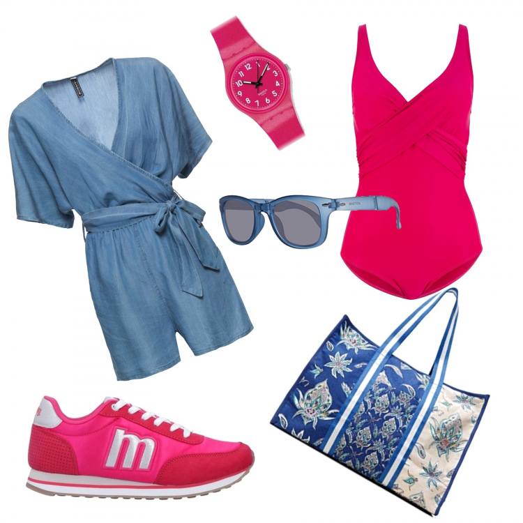 Outfit donna - Monday style inusuale....!. Stile Basic per Ufficio. Abbinamento con costumi interi, tuta corta, sneakers, shopping bag, occhiali da sole, orologi.