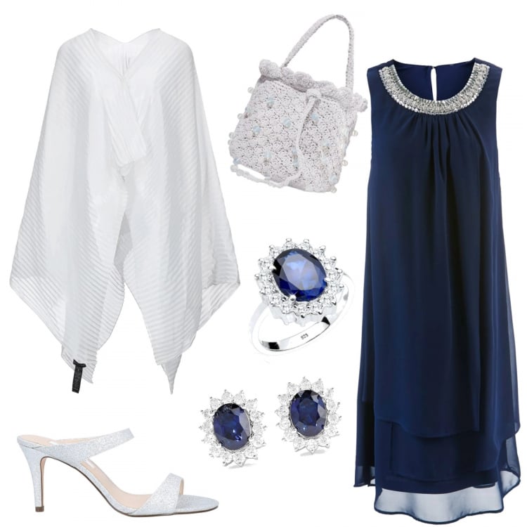 Outfit donna - Romantica Plus Size. Stile Chic per Cerimonia. look ideale per Tall. Abbinamento con vestiti, cappe, sandali in pelle, borse a mano, orecchini, anelli.