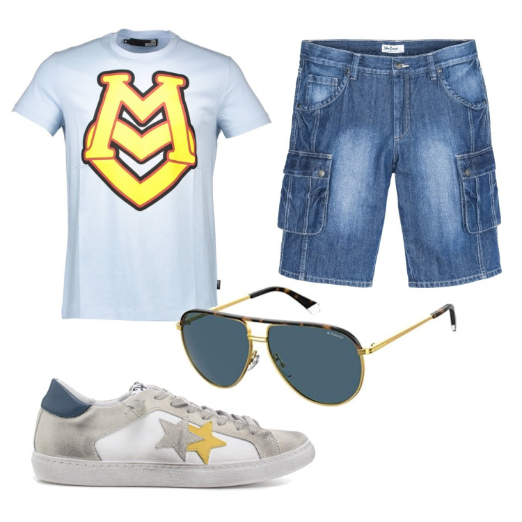 Outfit uomo - Casual #11761. Stile Casual per Tutti i giorni. Abbinamento con bermuda, sneakers, occhiali da sole, t-shirt.