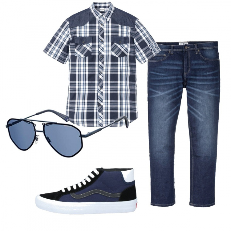 Outfit uomo - Casual #11772. Stile Casual per Tutti i giorni. Abbinamento con camicie a manica corta, jeans dritti, sneakers alte, occhiali da sole.