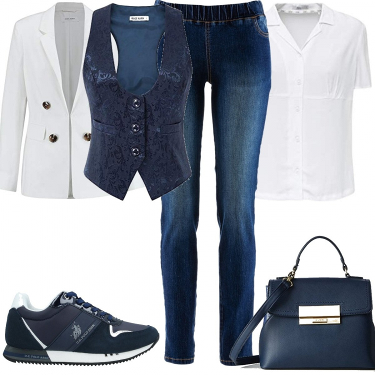 Outfit donna - Col gilè. Stile Trendy per Ufficio. look ideale per Tall. Abbinamento con treggings, sneakers, gilet, blazer, camicie, borse a mano.