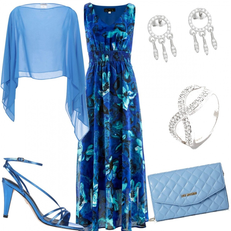 Outfit donna - Testimone di nozze. Stile Chic per Cerimonia. look ideale per Tall. Abbinamento con vestiti lunghi, anelli, cappe, sandali in pelle, orecchini, pochette.