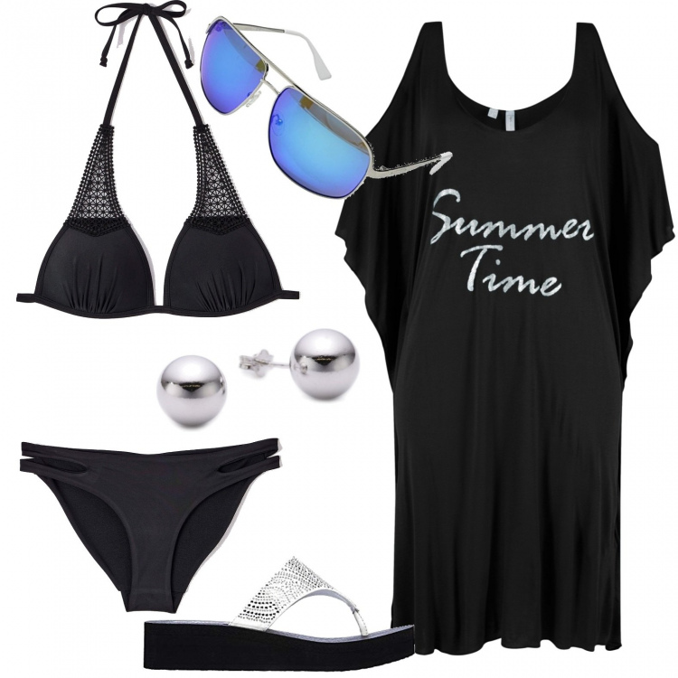 Outfit donna - Summer time. Stile Trendy per Mare. Abbinamento con vestiti da spiaggia, reggiseni, slip, infradito, occhiali da sole, orecchini.