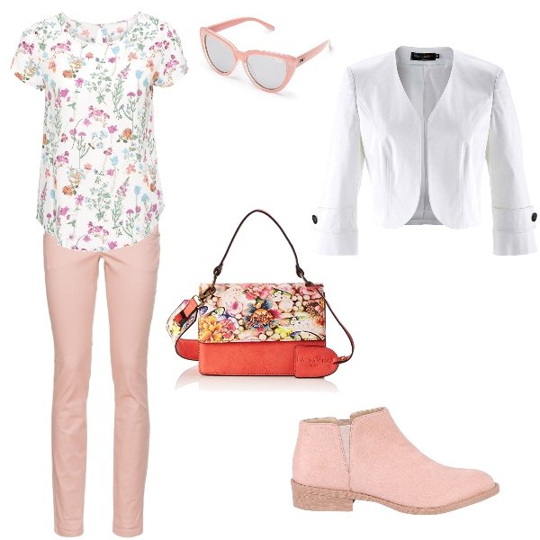 Outfit donna - Un tocco di primavera. Stile Trendy per Tutti i giorni. Abbinamento con bluse, bolero, pantalone skinny contrasto vita alta elasticizzato, occhiali da sole, stivaletti in pelle sintetica, borsa a spalla rosa.