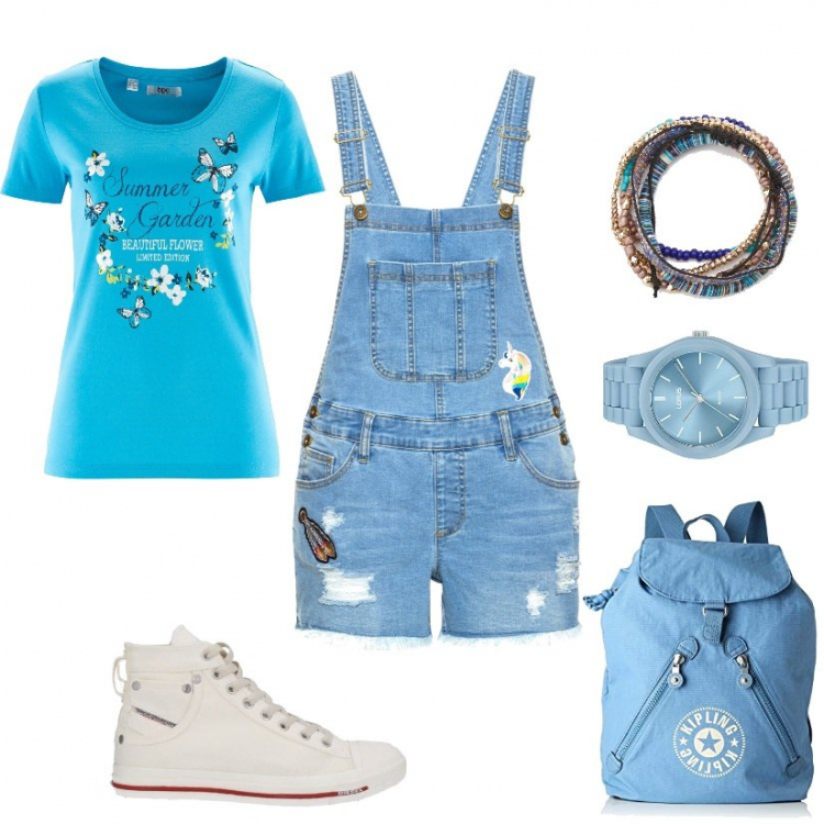 Outfit donna - Azzurro-basic. Stile Basic per Tutti i giorni. look ideale per Petite. Abbinamento con t-shirt, salopette, sneakers alte, braccialetti, zaini, orologi.