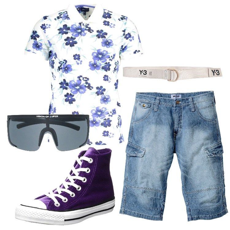 Outfit uomo - Bermuda e polo floreale. Stile Casual per Tutti i giorni. Abbinamento con bermuda, cinture, polo, occhiali da sole, sneakers.