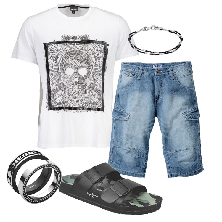 Outfit uomo - Sandali in jeans. Stile Biker Rock per Mare. Abbinamento con bermuda, braccialetti, anelli, t-shirt, sandali.