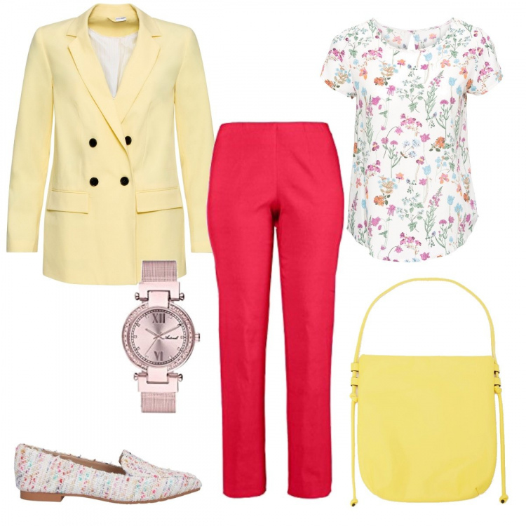 Outfit donna - Ufficio-Focus donna curvy. Stile Trendy per Ufficio. look ideale per Tall. Abbinamento con bluse, blazer, mocassini, shopping bag, pantaloni, orologi analogici.