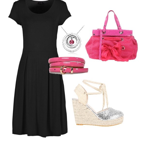 Outfit donna - Trendy #11667. Stile Trendy per Serata fuori. Abbinamento con vestiti, borsa a mano con fiocco e zip interno foderato in tessuto tecnico tinta unita blu, collana con pietra rosa, cintura skinny effetto lucido con fibbia in denim lunghezza regolabile, sandali con zeppe glitter in pelle sintetica.