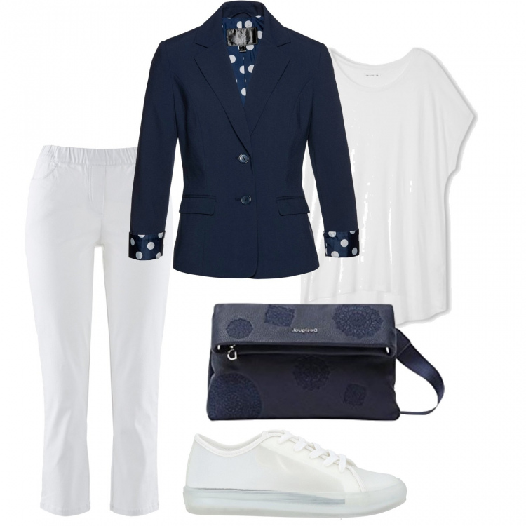 Outfit donna - Domenica fuori casa. Stile Trendy per Tutti i giorni. Abbinamento con pantaloni, blazer, sneakers, t-shirt, borse a tracolla.