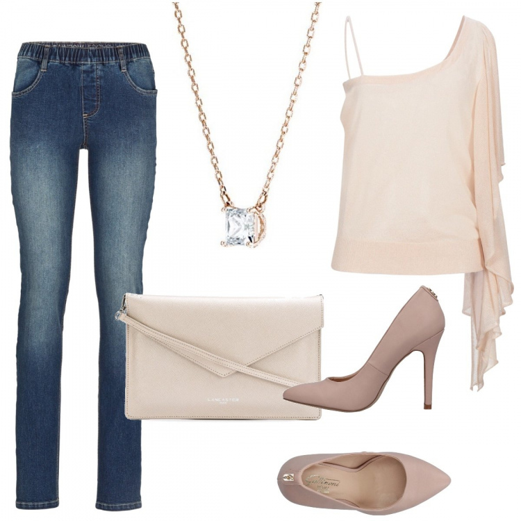 Outfit donna - Uscita a due. Stile Trendy per Serata fuori. Abbinamento con top, décolleté, jeggings, clutch, collane.