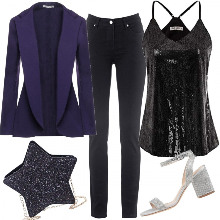 Outfit donna - Serata fuori. Stile Chic per Serata fuori. look ideale per Tall. Abbinamento con jeans dritti, blazer, sandali in pelle, canottiere, borse a tracolla.