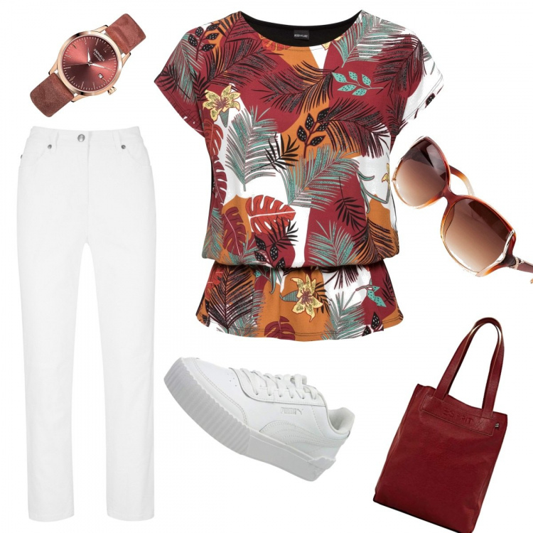 Outfit donna - Nella mia città.. Stile Basic per Tutti i giorni. Abbinamento con pantaloni, maglieria, occhiali da sole, shopping bag, sneakers alte, orologi.