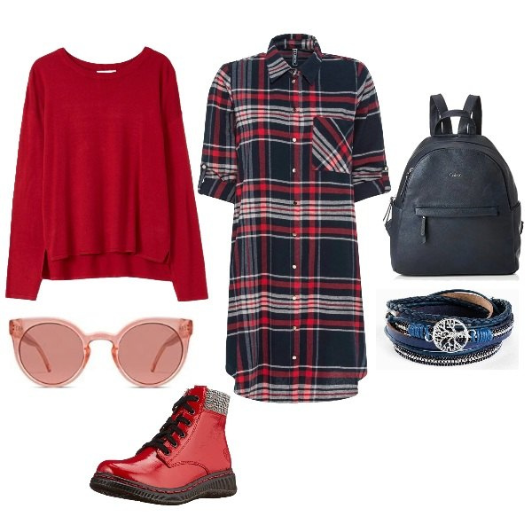 Outfit donna - Vestito chemisier + bracciale. Stile Urban per Tutti i giorni. Abbinamento con vestiti chemisier, braccialetti, pullovers, stivali, zaini, occhiali da sole.