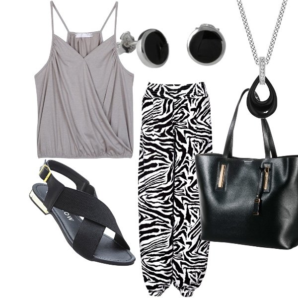 Outfit donna - Trendy #11685. Stile Trendy per Ufficio. look ideale per Tall. Abbinamento con pantaloni a palazzo, sandali con fibbia nero, shopping bag, top con bretelline grigio, orecchini in sterling 925 argento, collana argento.