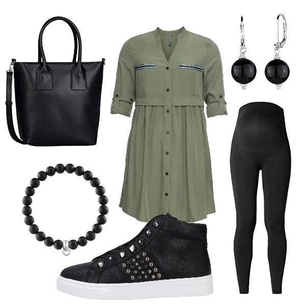 Outfit donna - Primavera col pancione!. Stile Urban per Tutti i giorni. look ideale per Premaman. Abbinamento con vestiti chemisier, sneakers alte, leggings, braccialetti, shopping bag, orecchini.