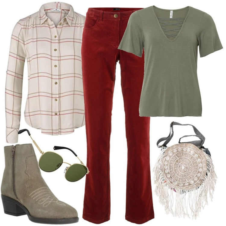 Outfit donna - In giro per fattorie. Stile Basic per Tutti i giorni. Abbinamento con pantaloni, t-shirt, stivaletti, camicie, borse a tracolla, occhiali da sole.