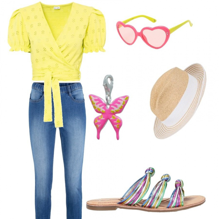 Outfit donna - W il colore giallo! L\'outfit allegro. Stile Urban per Tutti i giorni. Abbinamento con jeggings, pullovers, sandali, occhiali da sole, cappelli, ciondoli.