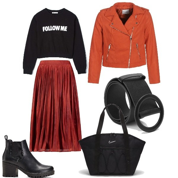 Outfit donna - Sporty chic. Stile Rock per Tutti i giorni. Abbinamento con stivaletti chelsea, felpe, giacche, cinture, gonne lunghe, borse tote.