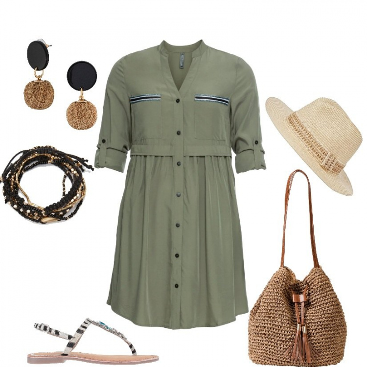 Outfit donna - Chemisier per il tempo libero. Stile Basic per Tutti i giorni. look ideale per Petite. Abbinamento con vestiti chemisier, orecchini, borse a mano, infradito, braccialetti, cappelli.
