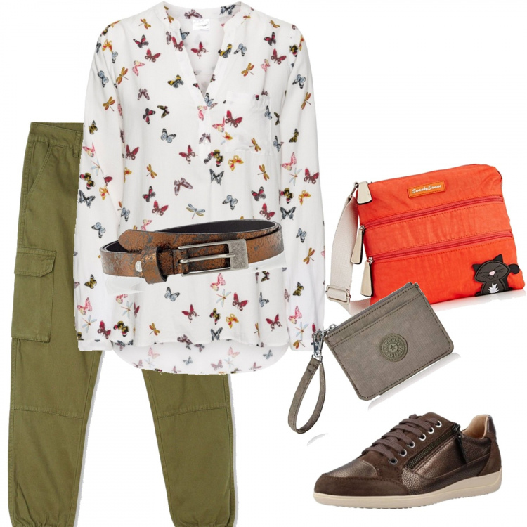 Outfit donna - Farfalle colorate. Stile Basic per Tutti i giorni. Abbinamento con bluse, sneakers, pantaloni cargo, borse a tracolla, portafogli, cinture.