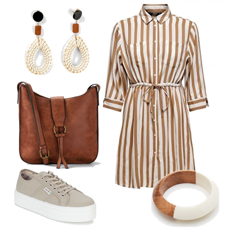 Outfit donna - Trendy #30556. Stile Trendy per Tutti i giorni. Abbinamento con borse a tracolla, orecchini, sneakers, braccialetti, vestiti chemisier.