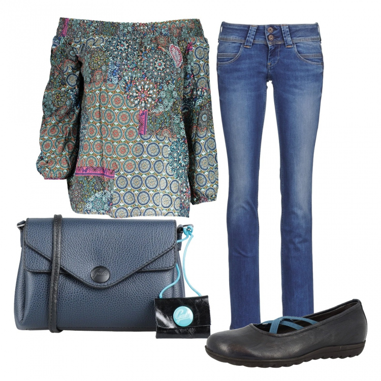 Outfit donna - Pomeriggio di primavera. Stile Basic per Tutti i giorni. Abbinamento con ballerine, jeans, borse a tracolla, maglieria.