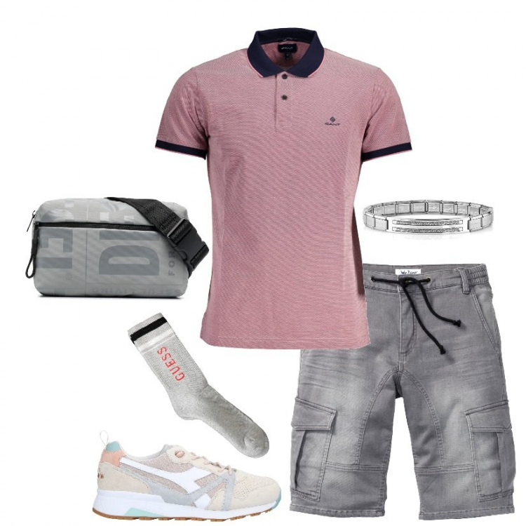 Outfit uomo - Polo rosa antico. Stile Casual per Tutti i giorni. Abbinamento con bermuda, sneakers, borse sportive, polo, braccialetti, calzini.