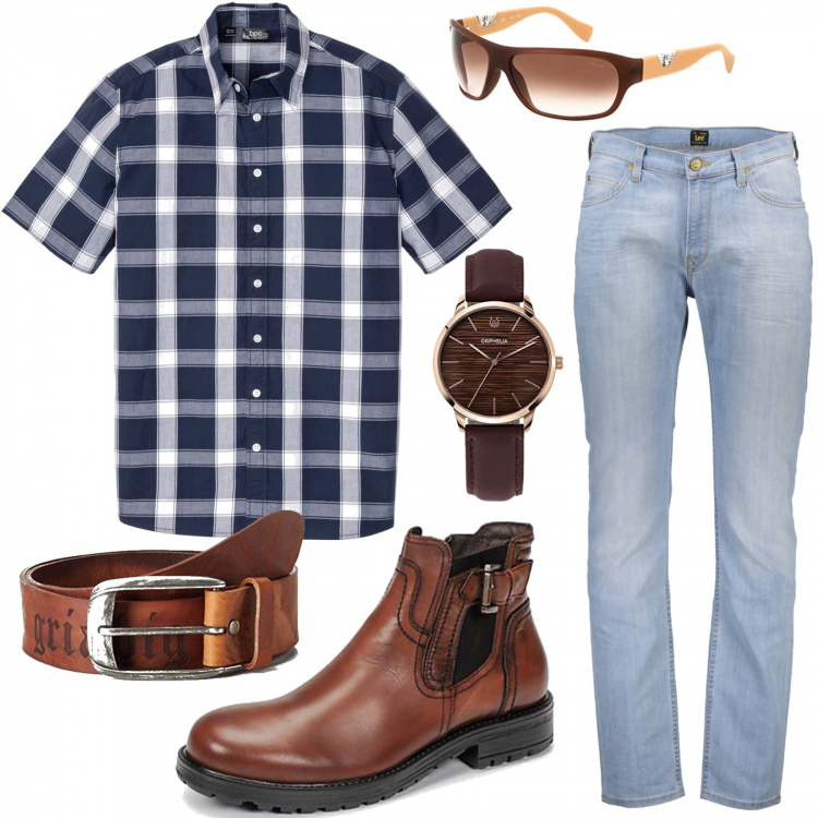 Outfit uomo - Cowboy. Stile Casual per Tutti i giorni. Abbinamento con camicie a manica corta, stivali e stivaletti, jeans, orologi, cinture, occhiali da sole.
