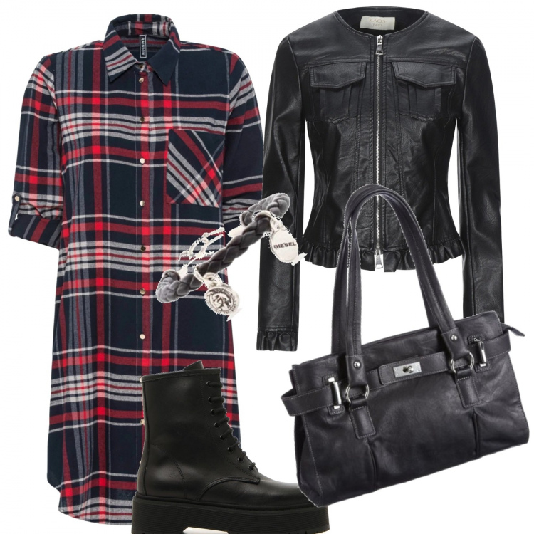 Outfit donna - Chemisier più bracciale. Stile Rock per Tutti i giorni. Abbinamento con vestiti chemisier, giacche, braccialetti, borse a mano, anfibi.