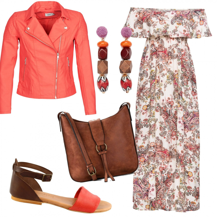 Outfit donna - L\'abito lungo lungo. Stile Etnico per Tutti i giorni. Abbinamento con vestiti lunghi, borse a tracolla, sandali in pelle, blazer, orecchini.
