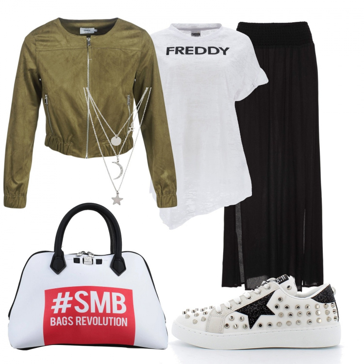Outfit donna - Trendy di sera. Stile Trendy per Serata fuori. Abbinamento con gonne lunghe, collane, borse a mano, giacche, t-shirt, sneakers.