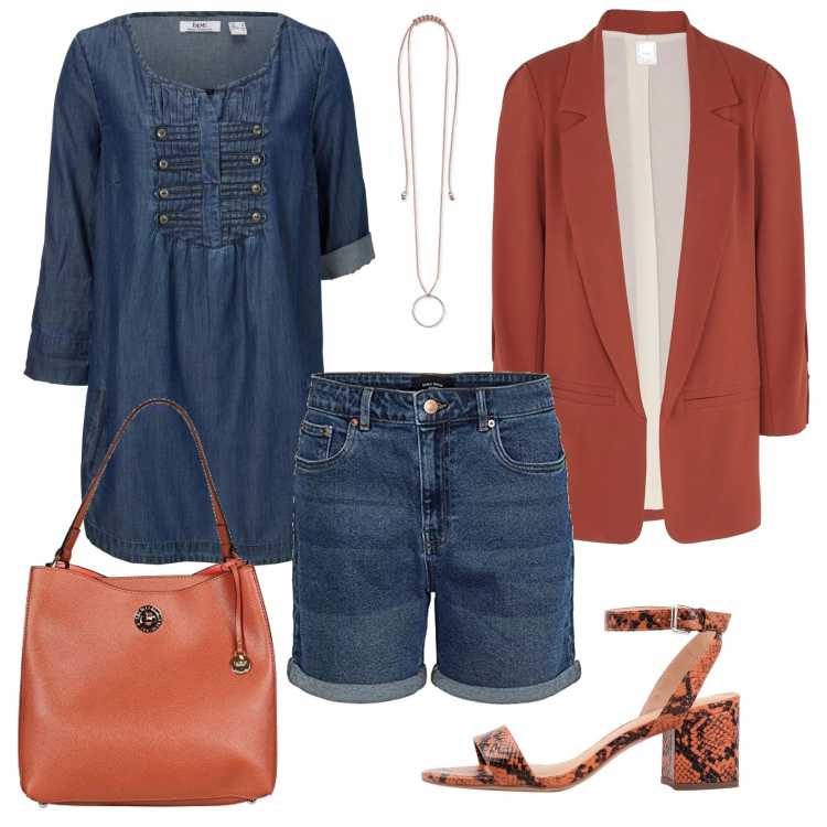 Outfit donna - Jeans & color. Stile Basic per Tutti i giorni. Abbinamento con bluse, blazer, sandali col tacco, shorts, borse a mano, ciondoli.