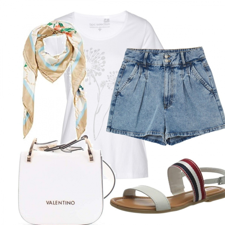 Outfit donna - Zero pensieri. Stile Basic per Tutti i giorni. Abbinamento con t-shirt, borse a secchiello, shorts, sandali alla schiava, sciarpe.