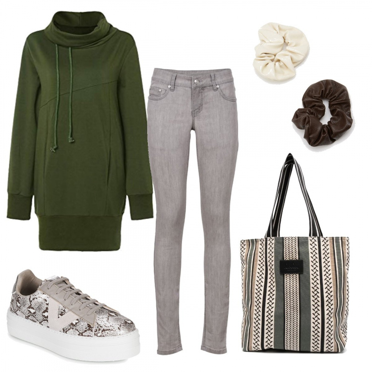 Outfit donna - La felpa maxi. Stile Basic per Scuola/Università. look ideale per Petite. Abbinamento con jeans skinny, sneakers, accessori per capelli, borse tote, felpe.